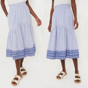 NWT Tuckernuck Blue White Eyelet Stripe Cinza Embroidered Midi Skirt Size Small